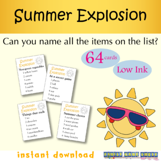 Summer Explosion Summer party family board game. Can you name all the items on the list? 64 Cards, low ink, instant down load