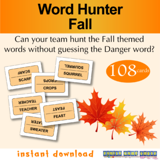 Printable Word Hunter Fall board game. Can your team hunt the spring themed words without guessing the danger word? 108 cards. Instant download