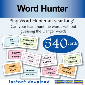 Printable Word Hunter Seasonal board game. Can your team hunt the seasonal themed words without guessing the danger word? 540 cards. 5 Seasons. Instant download