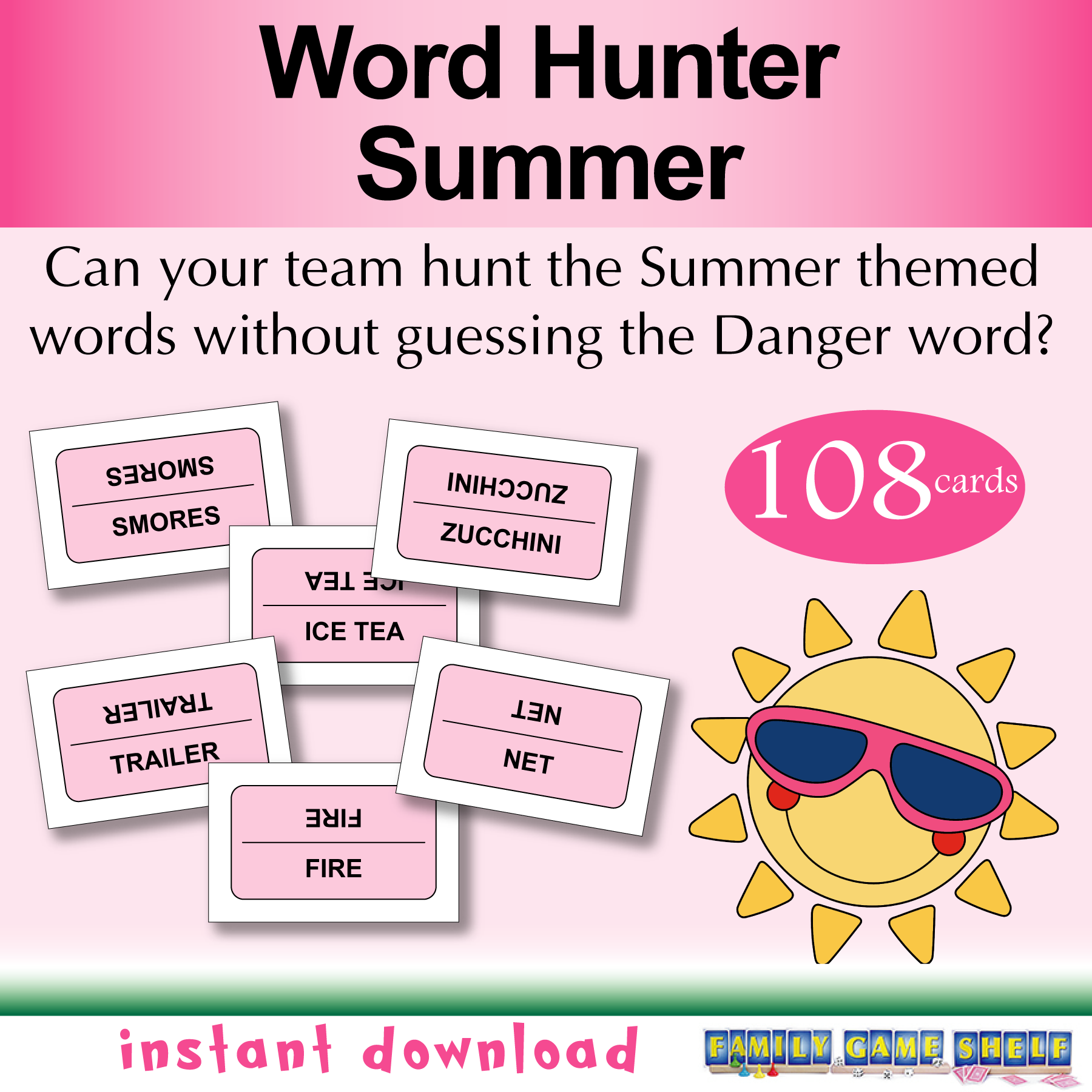 Printable Word Hunter Summer board game. Can your team hunt the summer themed words without guessing the danger word? 108 cards. Instant download