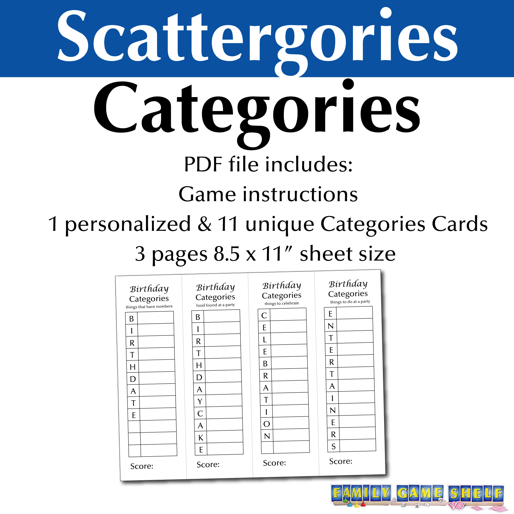 Birthday Scattergories Categories game cards