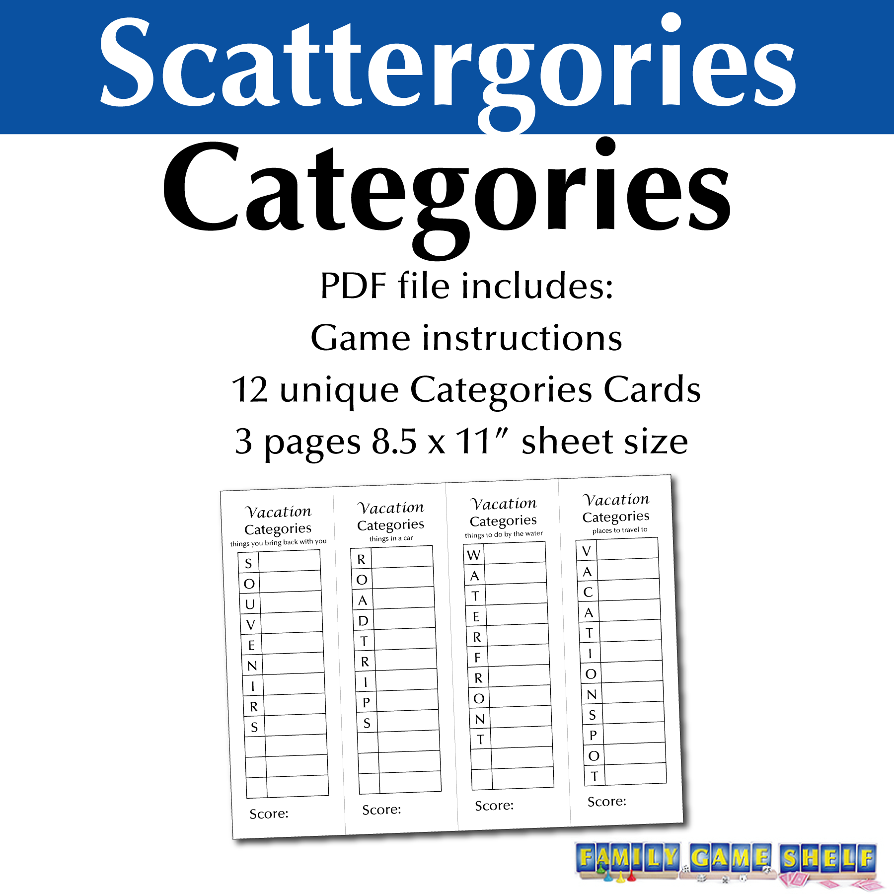 Vacation Scattergories Categories game card