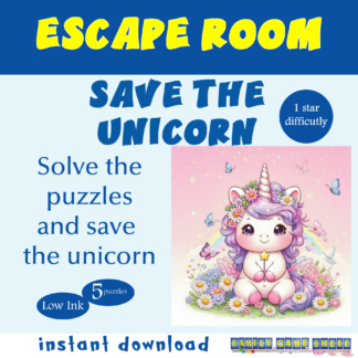 Save the Unicorn Escape Room kit for kids. Solve the puzzles and save the unicorn. 1 star difficultly.