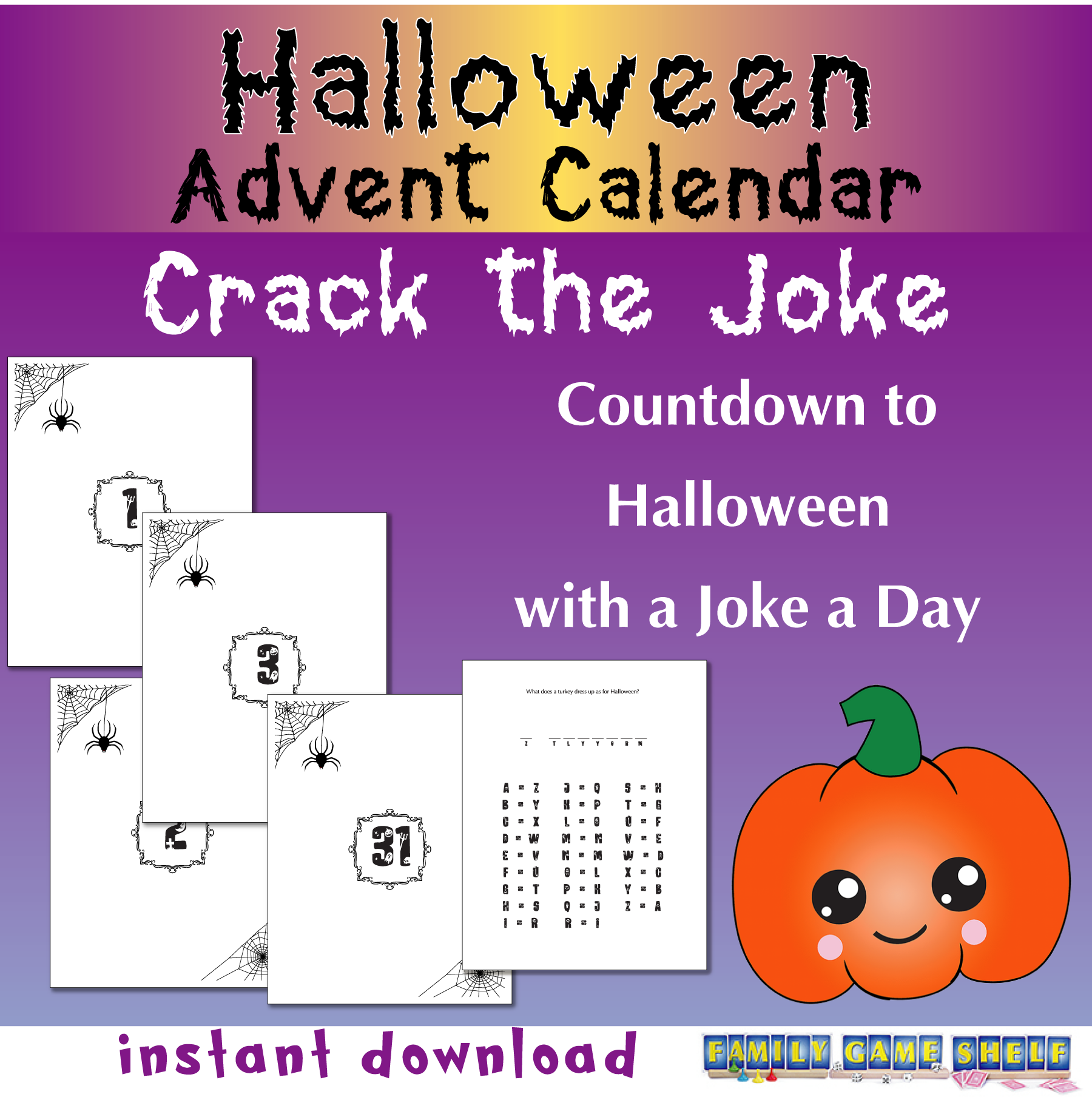Halloween Advent Calendar for kids. Crack the Joke. Countdown to Halloween with a Joke a Day. instant download.