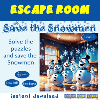 The evil Groucho has struck again! Groucho has locked all the snowmen at the North Pole in a dancehall and set the temperature to summer! If the snowmen melt, it will mean that there will never be another snowman anywhere! Will you solve the puzzles to get the clues to Save the Snowmen and save the day? In this escape room kit for kids, players must solve the 6 puzzles to get the clues that will unlock the gate and save the day. The difficulty level is 2 (out of three). Escape rooms for kids are fun, challenging and will make your birthday party, classroom, sleep over or family game night one to remember. Our kit comes with everything you need. Features: -- instant access PDF -- little to no prep -- no locks or props needed -- less ink and less paper to be pocketbook and environmentally friendly -- play as an individual or group -- great for any size group -- print and go -- fun Snowmen theme through out What's included: -- directions -- FAQs -- introductory story -- 6 challenging puzzles -- answer sheet -- scribble sheet -- hint sheets -- "locks" -- we saved the day sign -- we almost saved the day sign -- answer key How to Set Up: -- print -- optional cut pages in half (2 games per page) and hide puzzles in room (optional) -- optional cut and fold the "locks" -- can be used with a four-digit lock How to Play: -- Solve the puzzle to get a clue -- Record clue on answer sheet -- Answer one last puzzle -- Get the code for the lock Who is it for: -- designed for kids 8 and up -- younger kids can play with help -- prefect for birthday parties, holiday party game, slumber parties, classroom games, Christmas party game, family game night -- parents and caregivers (keep the kids entertained) -- little prep and stress free fun Celebrate this holiday seasonal with this Save the Snowmen escape room kit! Visit our Family Game Shelf Shop for more holiday escape rooms, Christmas games, seasonal and original games. https://www.etsy.com/ca/shop/FamilyGameShelf All puzzles were designed and created by me with your fun in mind. Some images in this product were created using AI. This is an instant download PDF. That means the fun beings as soon as you print. The PDF prints in a letter (8.5 x 11″) sized paper. There will be no physical product shipped to you. You can print as many times as you would like for personal use. These files can not be used for financial gain, and you may not republish, distribute or edit any piece of this work. All rights reserved Stephanie Murton