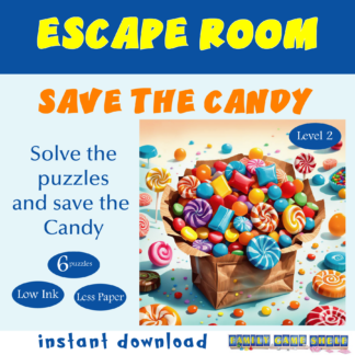 Escape Room printable kit for kids. Save the Candy! Solve the puzzles and save the Candy. 6 puzzles, low ink, less paper. instant download