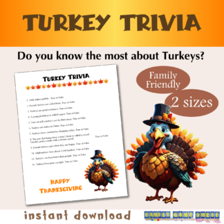 How well do you know turkeys? Let's find out in this fun Turkey Trivia game! Features: -- fun turkey facts -- great for groups big and small -- prefect as a Thanksgiving game and a Friendsgiving party game -- 2 sizes available -- 8.5 x 11" page size -- instant access PDF Don't be a turkey, get Turkey Trivia and get ready for laughs, memories and the best Thanksgiving Diner ever! Visit our Family Game Shelf Shop for more Thanksgiving party games and fall games and make this the best fall ever. www.etsy.com/ca/shop/FamilyGameShelf This is an instant download PDF. That means the fun beings as soon as you print. The PDF prints in a letter (8.5 x 11″) sized paper. There will be no physical product shipped to you. You can print as many times as you would like for personal use. These files can not be used for financial gain, and you may not republish, distribute or edit any piece of this work. All rights reserved Stephanie Murton