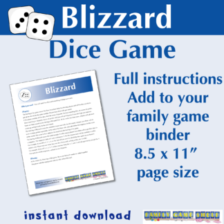 Blizzard Dice Game. Full instructions. Add to your family game binder 8.5 x 11” page size. instant download