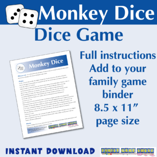 Monkey Dice game rules for game binder 8.5 x 11" page size