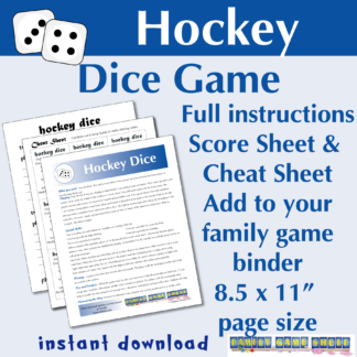 Hockey Dice game full instructions, score sheet and cheat sheet. Add to your family game binder. 8.5 x 11" page size. instant download