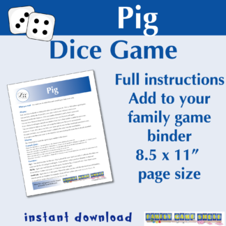 Pig dice game. Full instructions. Add to your family game binder. 8.5 x 11" page size. Instant download