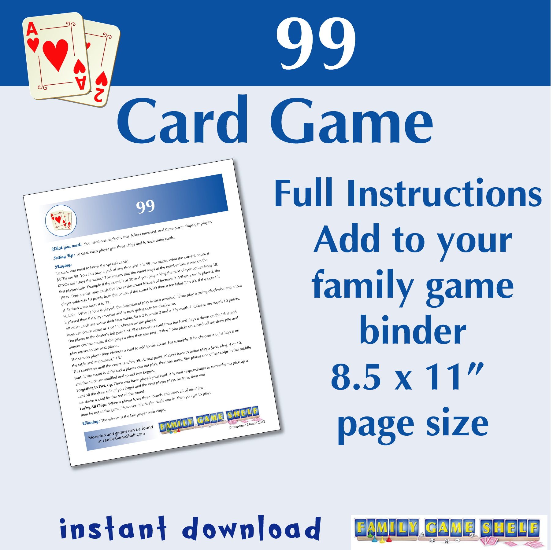 Boodle card game. Full instructions and game mat. Add to your family game binder. 8.5 x11" page size. Printable PDF download