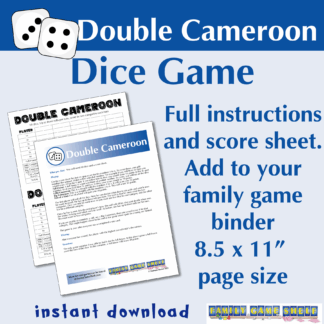 Double Cameroon dice game. Full instructions and score sheet. Add to your family game binder. 8.5 x 11" page size. Instant down load