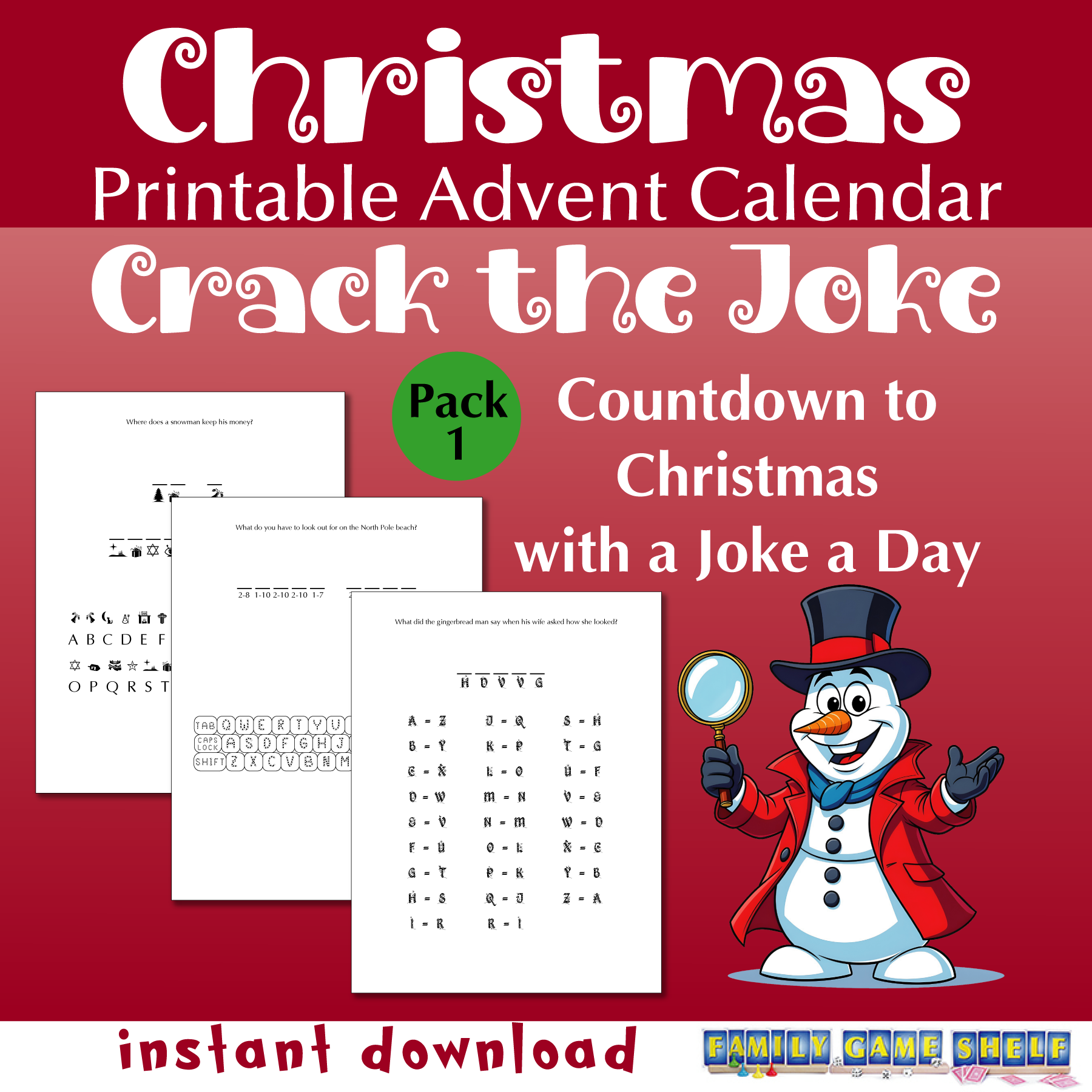 Christmas Printable Advent Calendar Crack the Joke Countdown to Christmas with a Joke a Day Pack 1 instant download