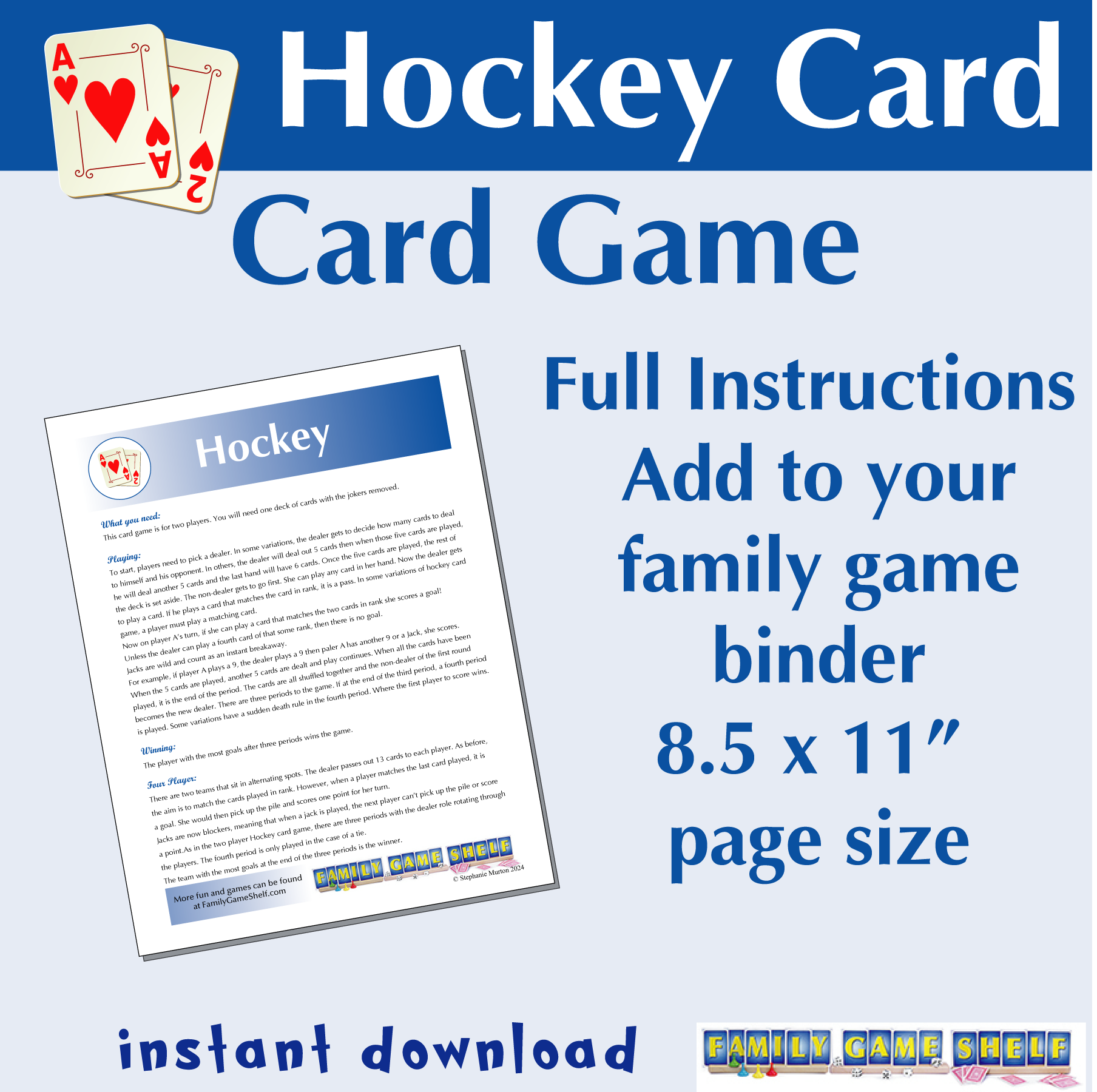 Hockey card game. Full instuctions. Add to your family game binder. 8.5 x 11" page size. Instant download
