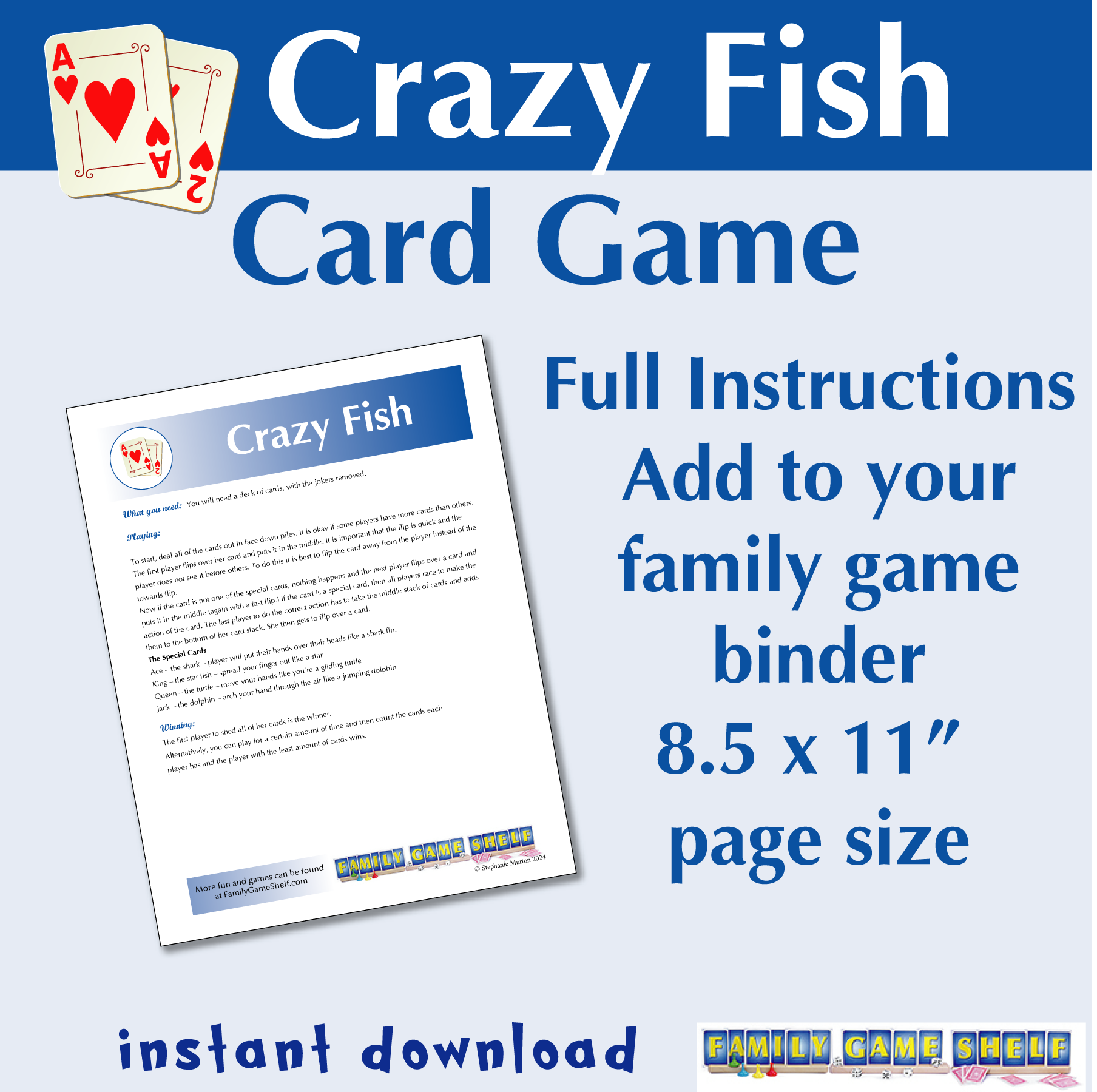 Crazy Fish card game. Full game instructions, Add to your gamily game binder. 8.5 x 11" page size. Instant download.