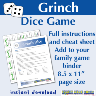 Grinch Die Game. Full game instructions and cheat sheet. Add to your family game binder. 8.5 x 11" page size. Instant download.