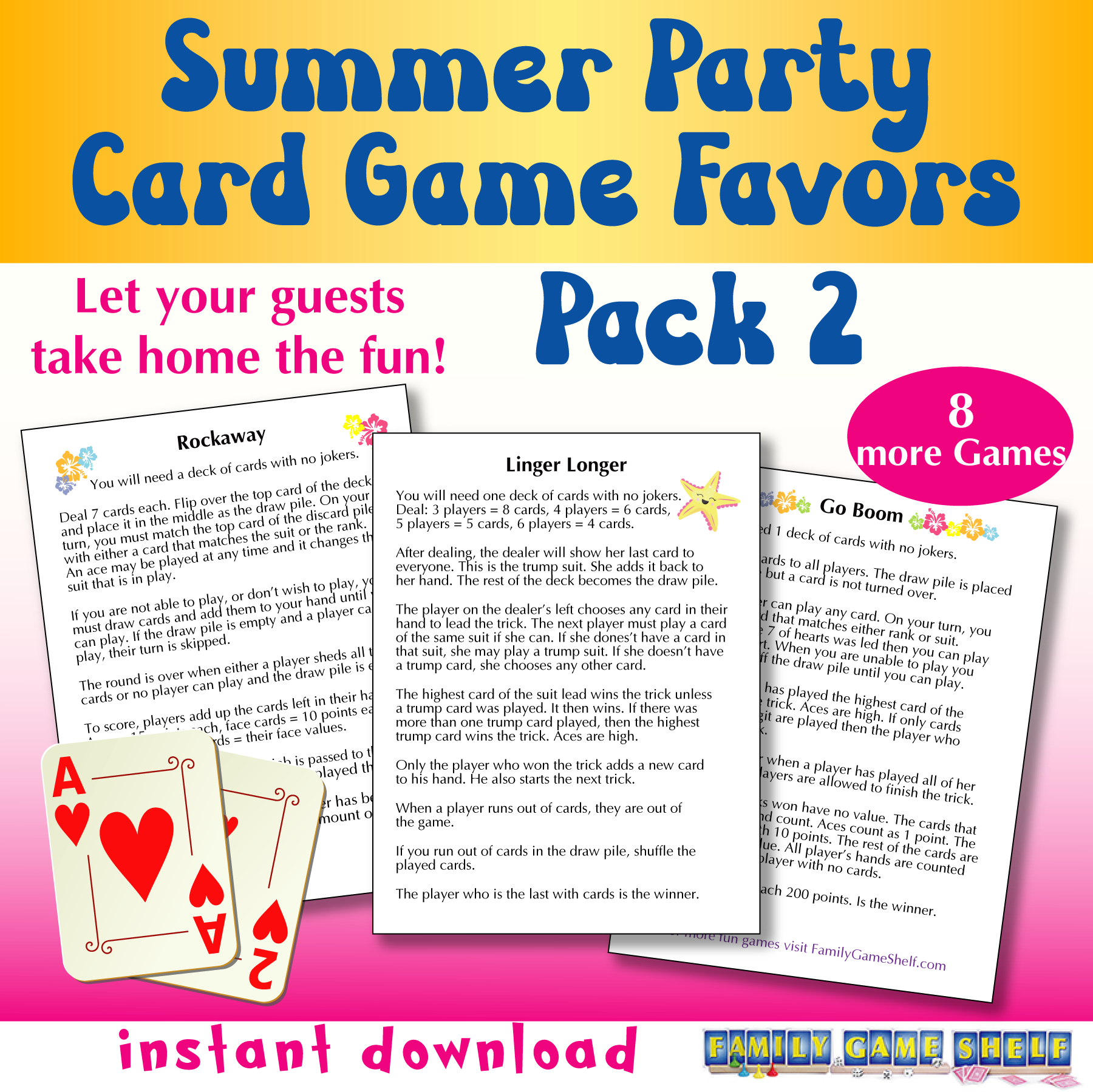Summer Party Favors Card Games Printable gift for students, Pack 2