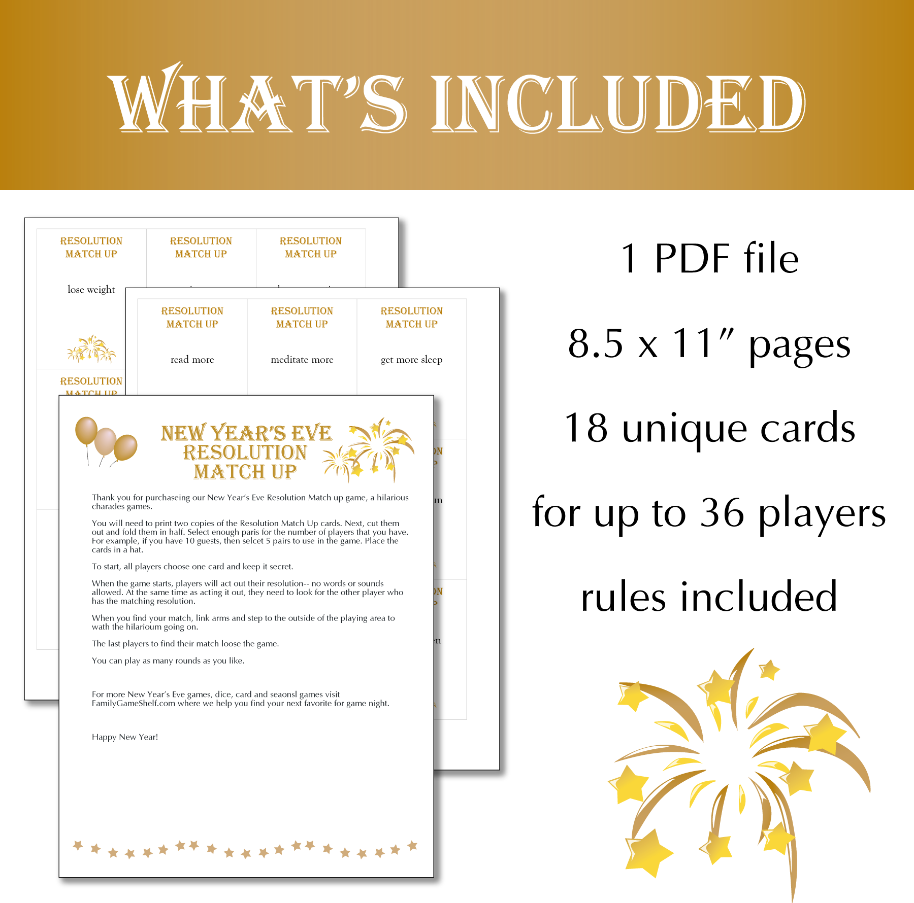 What's included: I PDF file. 8.5 x 11" pages. 18 unique cards for up to 36 players rules included.