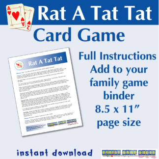 Rat-A-Tat Tat card game. Full game instructions. Add to your family game binder. 8.5 x 11" page size. Instant download