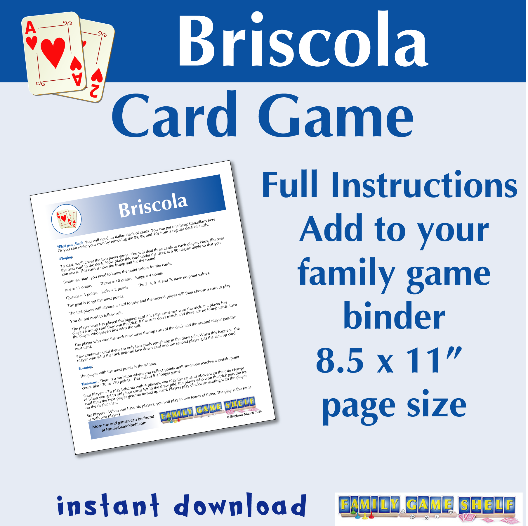 Briscola card game. Full instructions add to your family game binder. 8.5 x 11" page size. Instant download.